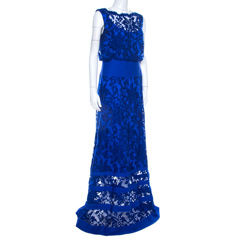 

Tadashi Shoji Cobalt Blue Embroidered Lace Blouson Waist Sheer Paneled Hem Gown