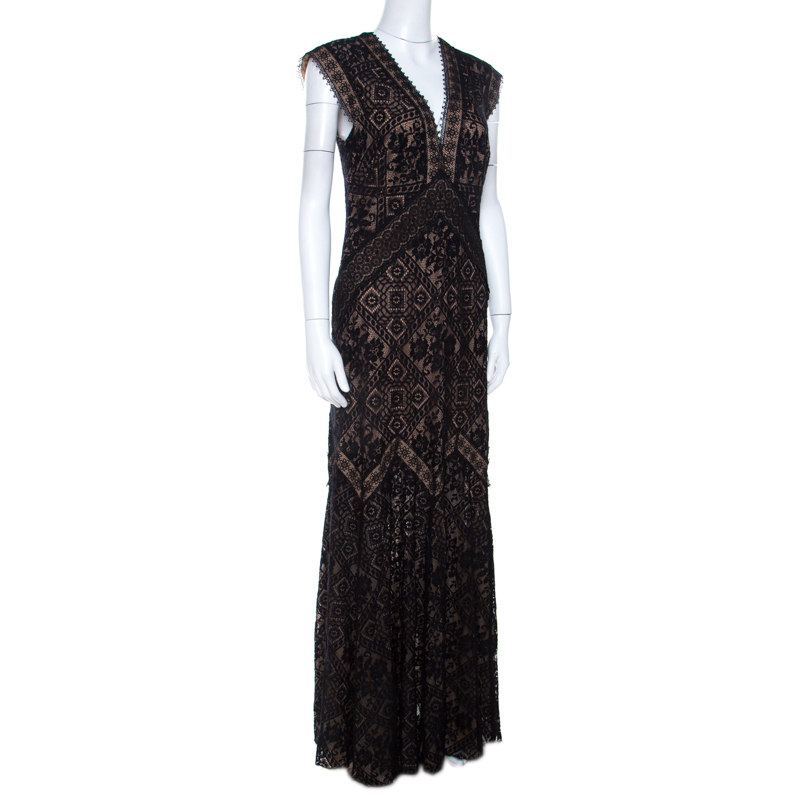 

Tadashi Shoji Black Lace Overlay V Neck Evening Gown