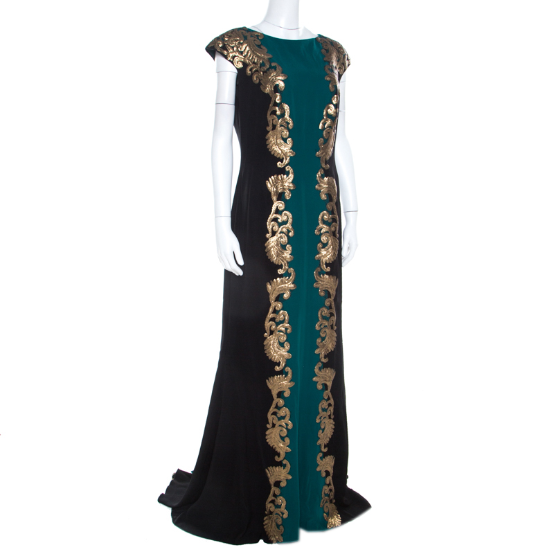 

Tadashi Shoji Emerald Green and Black Sequin Paillette Applique Evening Gown
