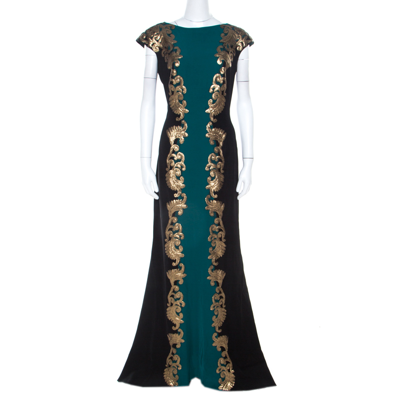 Tadashi Shoji Emerald Green and Black Sequin Paillette Applique Evening Gown L
