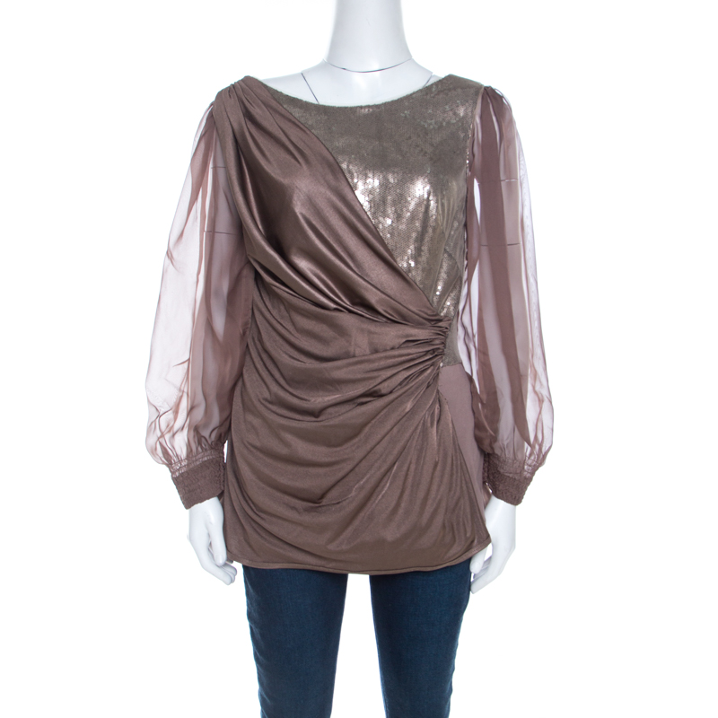 

Tadashi Shoji Champagne Stretch Knit Sequined Inlay Draped Sheer Sleeve Top M, Gold
