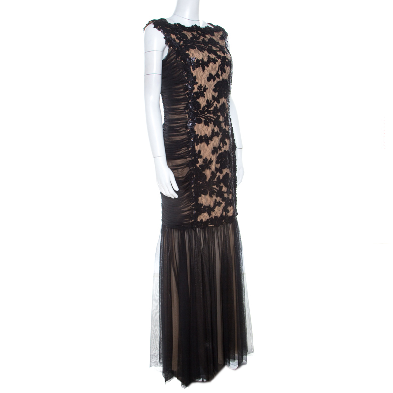 

Tadashi Shoji Black Lace and Tulle Floral Sequin Embellished Gown