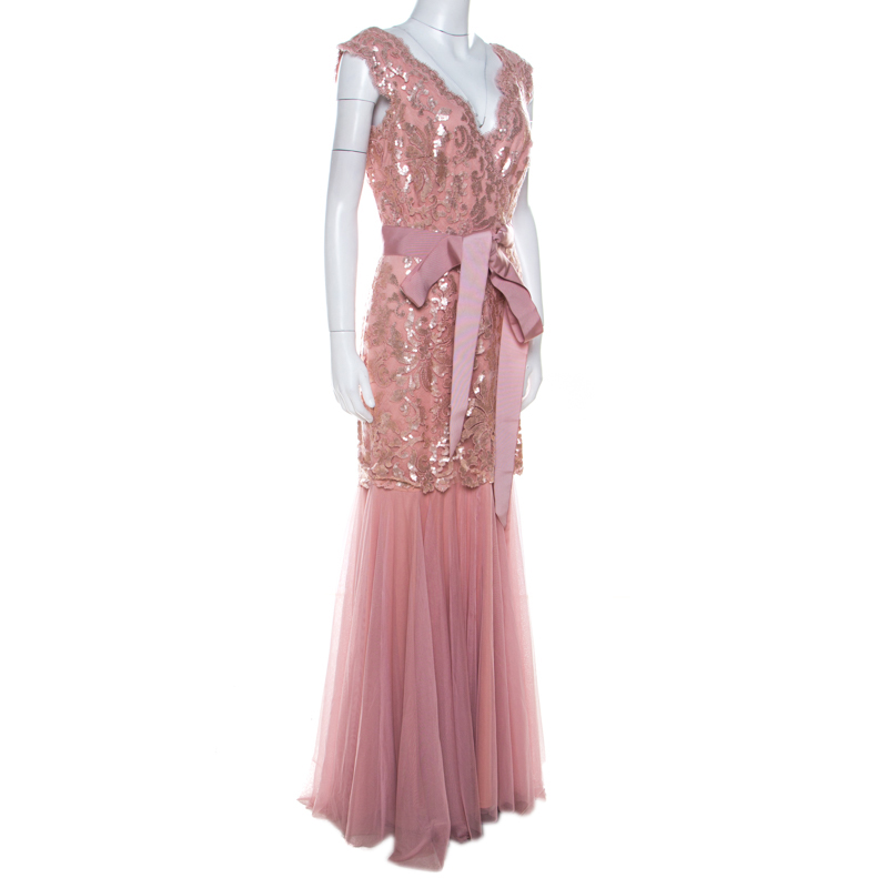 

Tadashi Shoji Dusty Rose Sequin Embellished Scalloped Lace Detail Tulle Gown, Pink