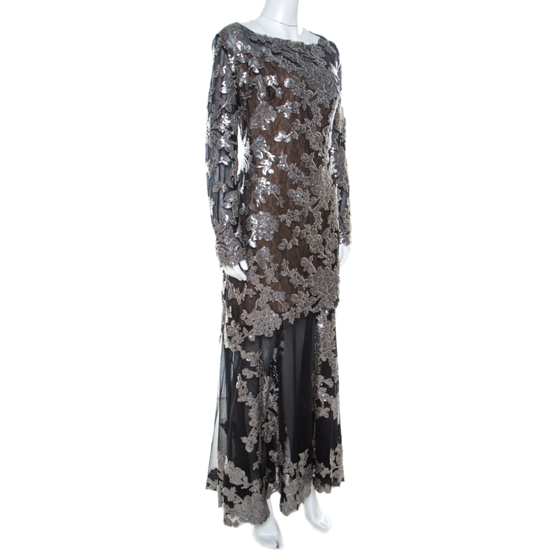 

Tadashi Shoji Black Sequin Embellished Lace Evening Gown