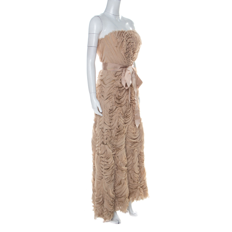 

Tadashi Shoji Beige Chiffon and Tulle Floral Ruffle Applique Strapless Gown