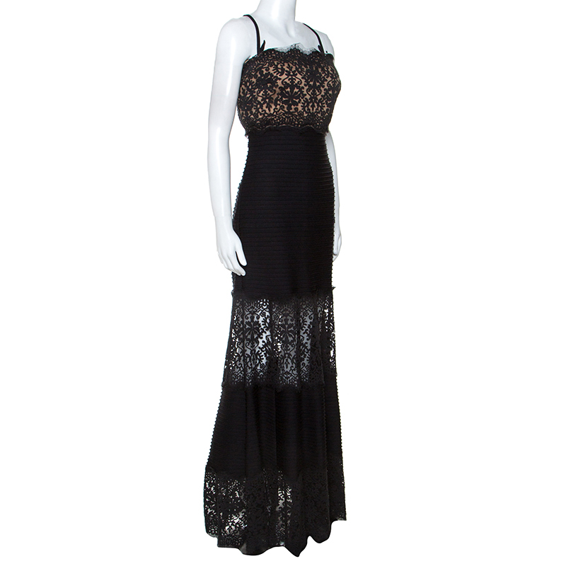 

Tadashi Shoji Black Lace Insert Pintuck Detail Evening Gown