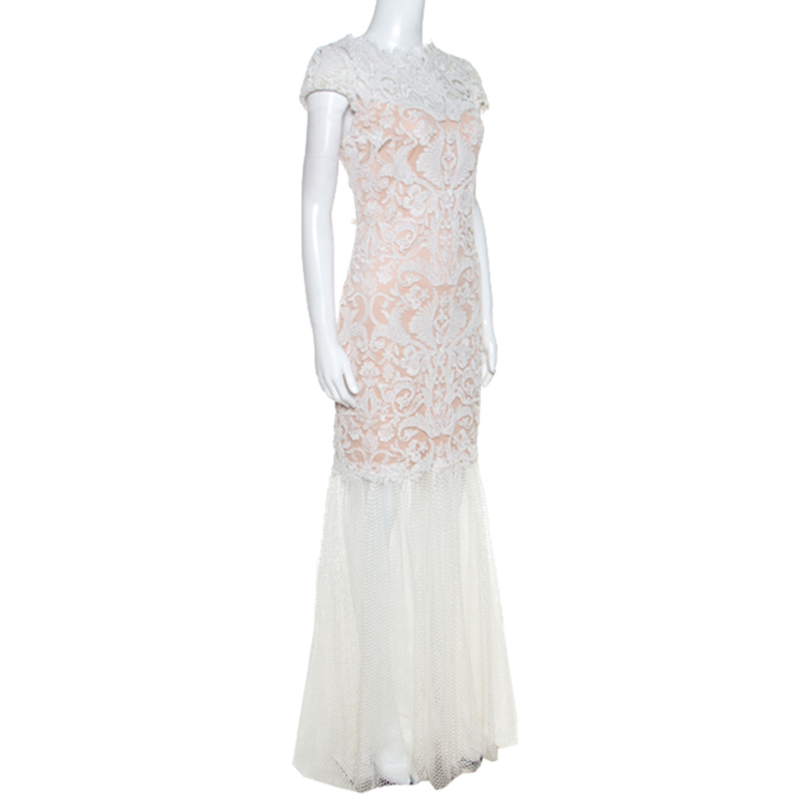 

Tadashi Shoji White Crochet and Tulle Fishtail Gown