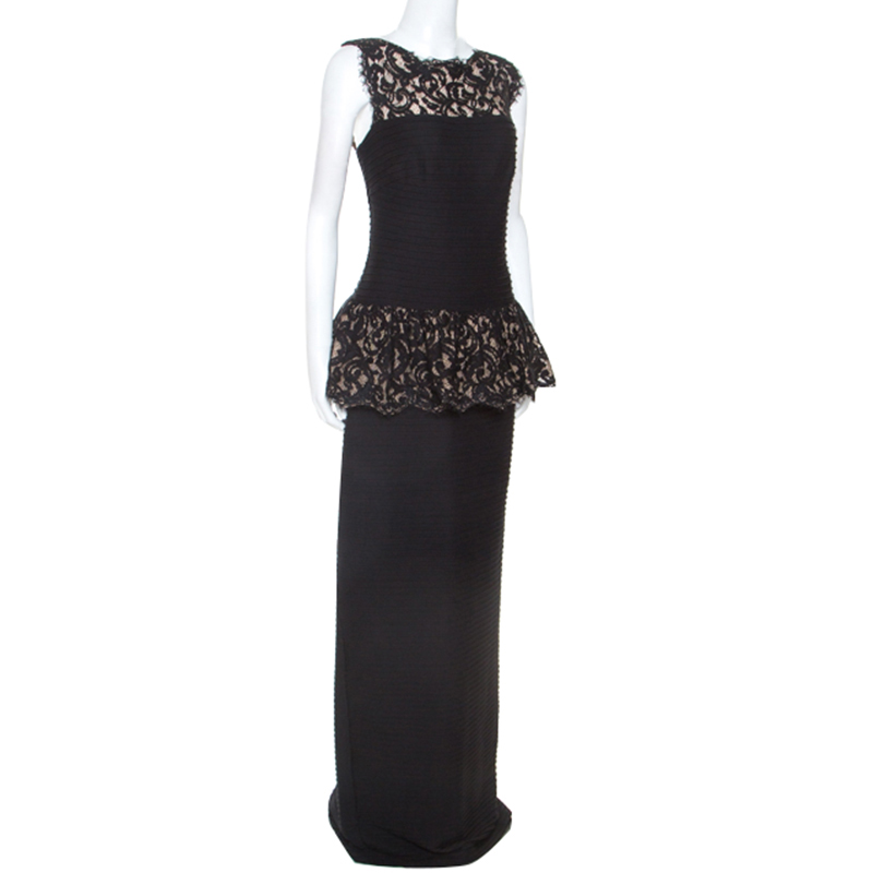 

Tadashi Shoji Black Pintuck Lace Peplum Gown