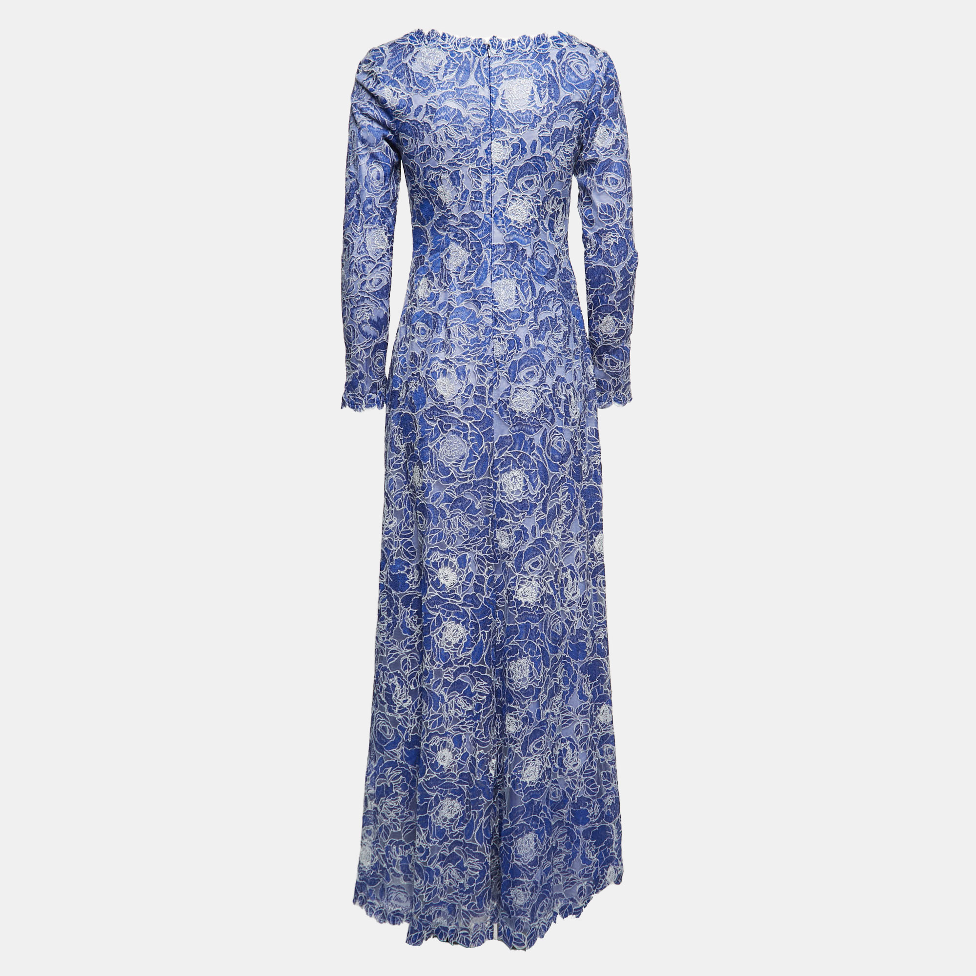 

Tadashi Shoji Blue Floral Lace Long Sleeve Gown