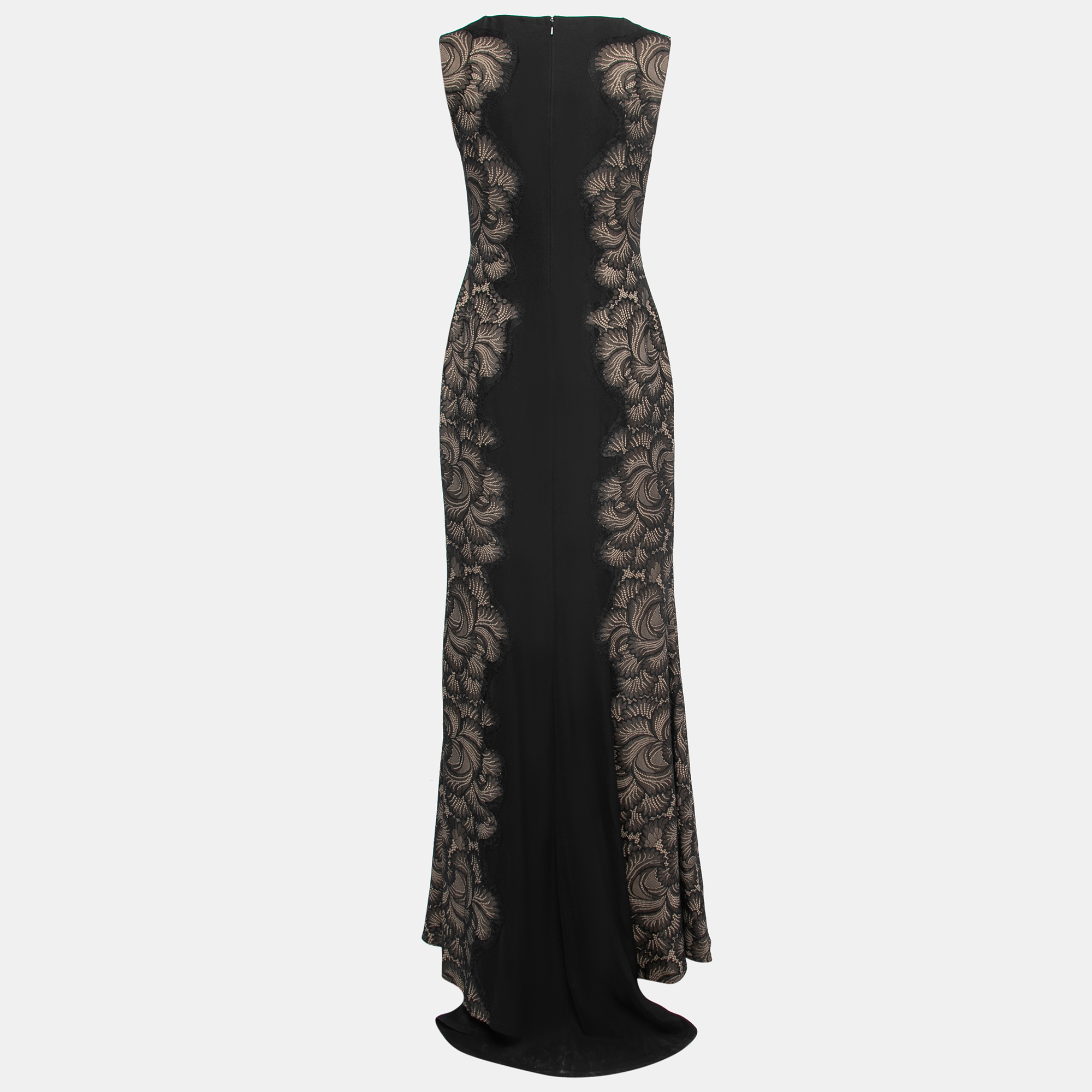 

Tadashi Shoji Black/Beige Crepe Lace Side Panel Crew Neck Gown