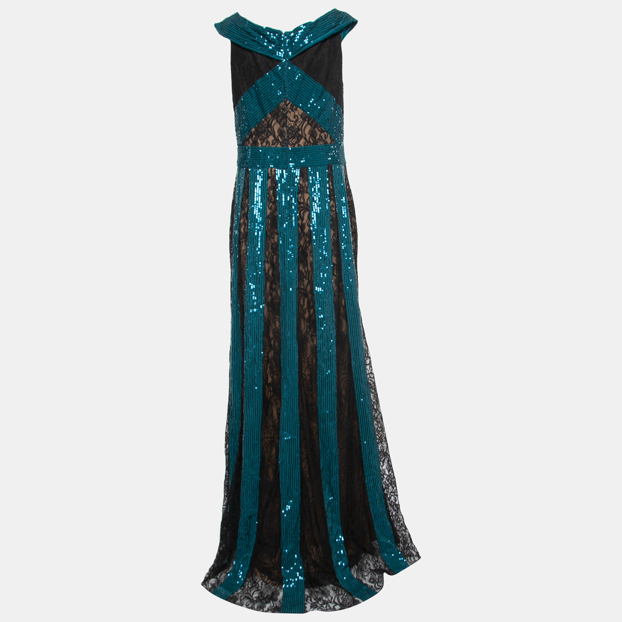 

Tadashi Shoji Black/Green Lace and Sequin Rhea Stripe Gown