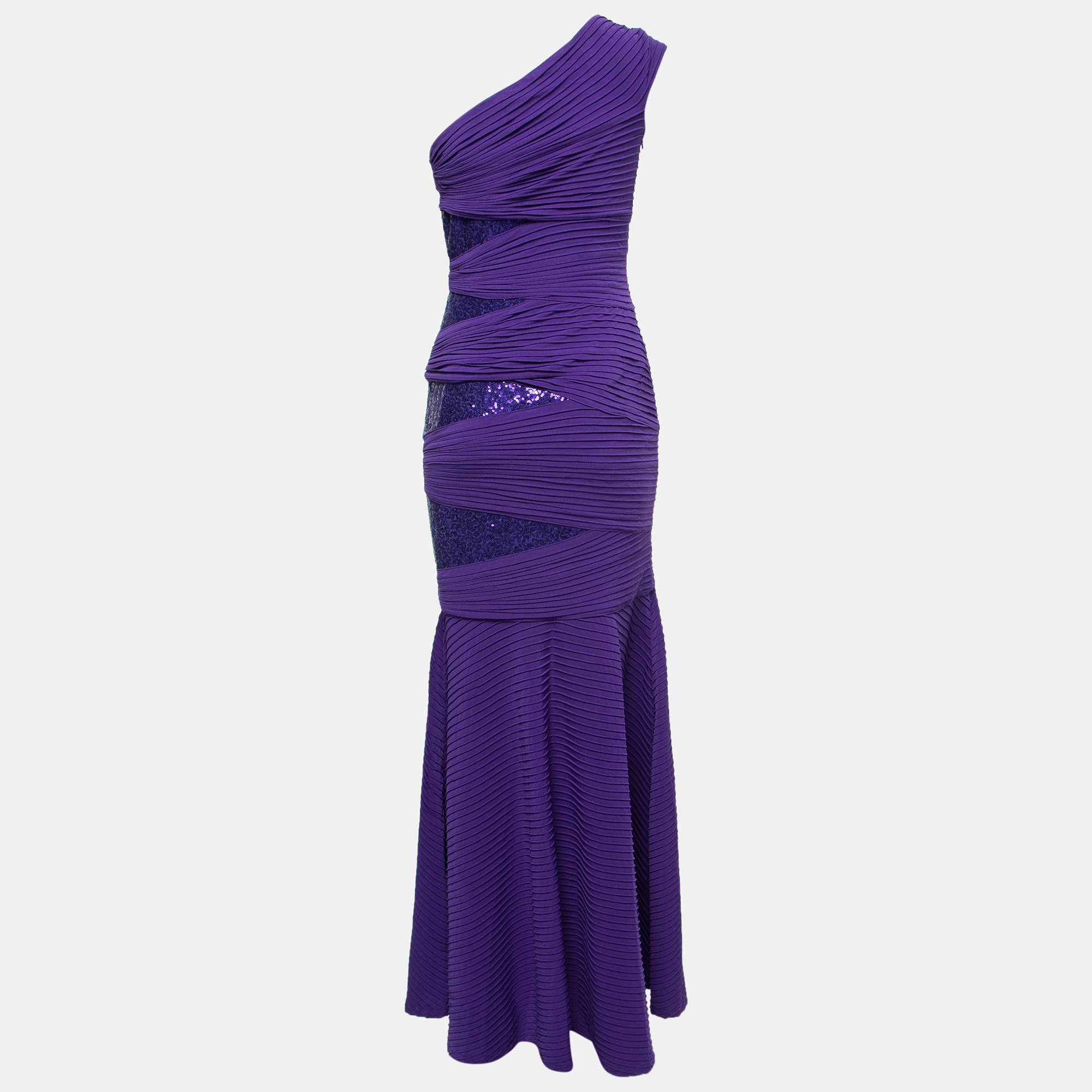 

Tadashi Shoji Purple Pintucked Jersey Jiri One Shoulder Sequin Gown