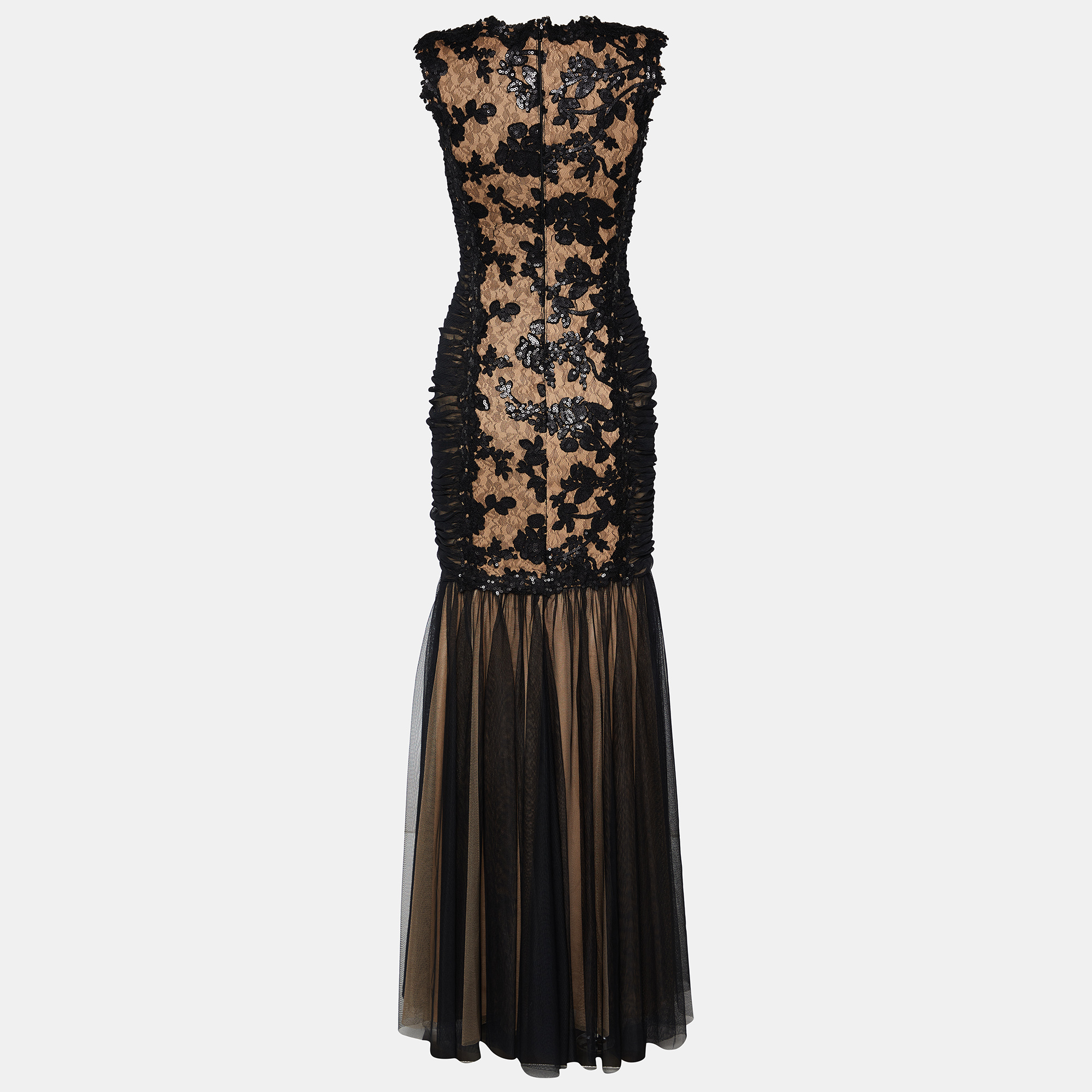 

Tadashi Shoji Black Lace and Tulle Floral Sequin Embellished Gown
