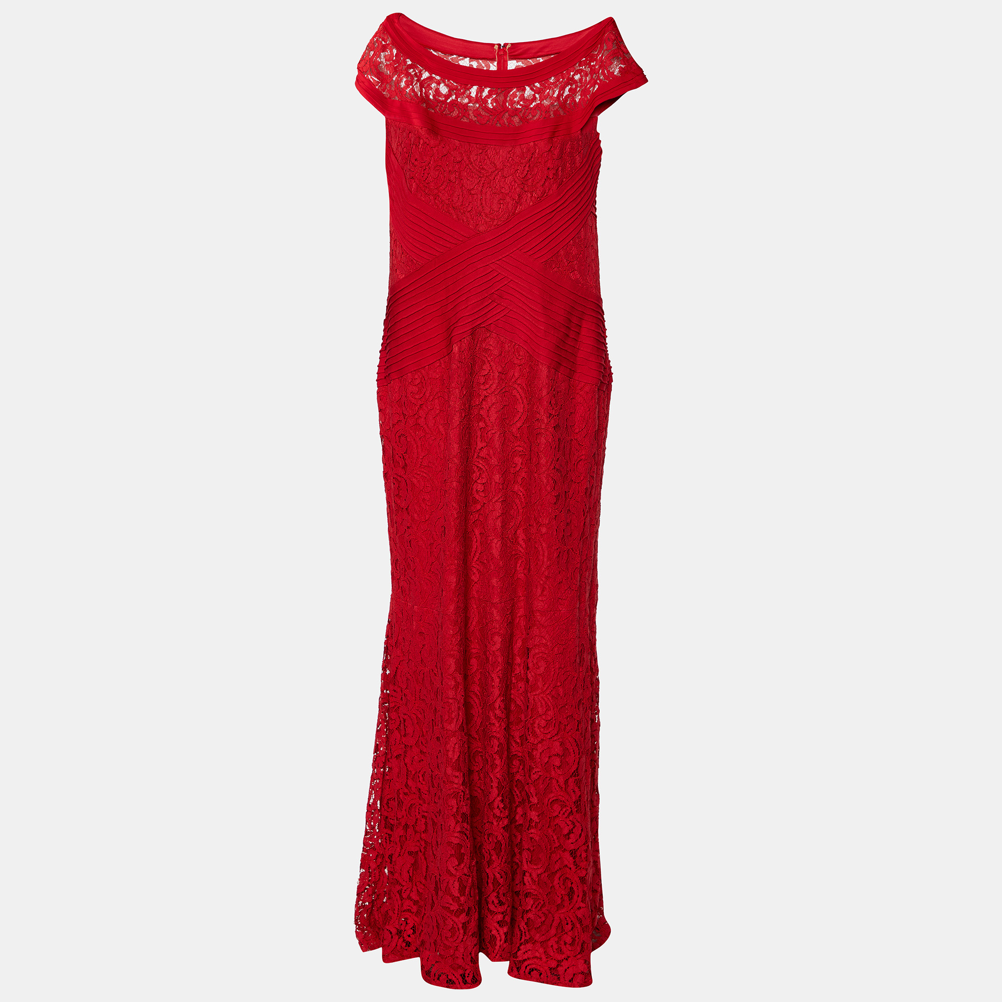 Pre-owned Tadashi Shoji Red Lace & Pintuck Jersey Paneled Gown Xl