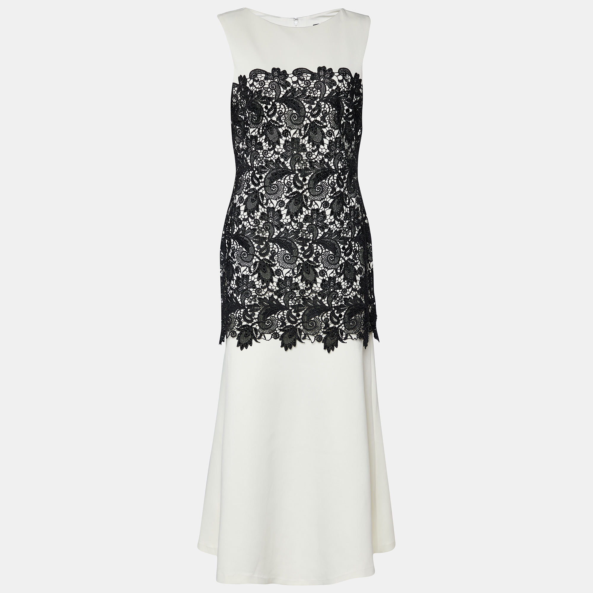 Pre-owned Tadashi Shoji White Knit & Black Embellished Lace Sleeveless Gown M