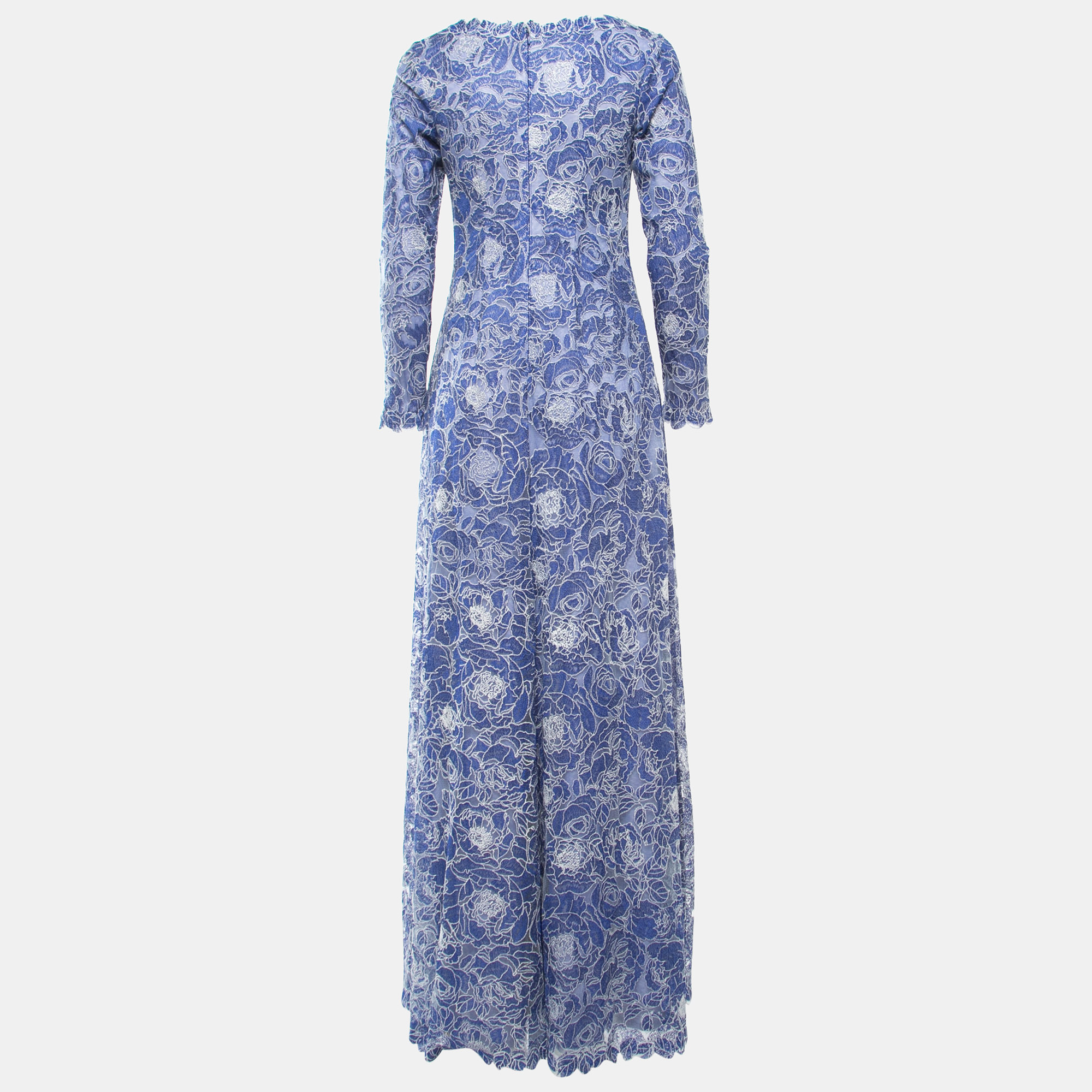 

Tadashi Shoji Blue Floral Embroidered Lace Long Sleeve Gown