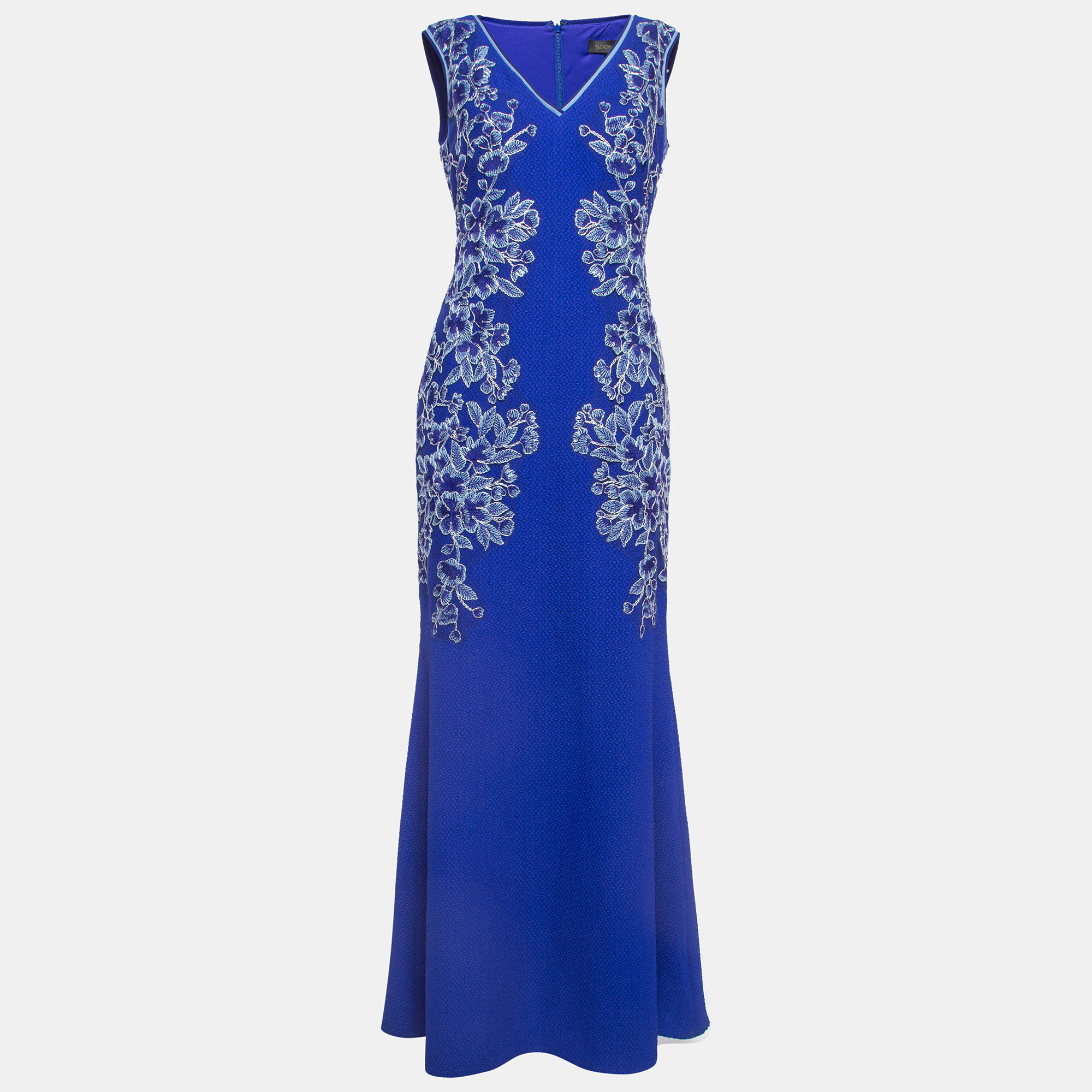 Pre-owned Tadashi Shoji Blue Floral Embroidered Knit Sleeveless Gown S
