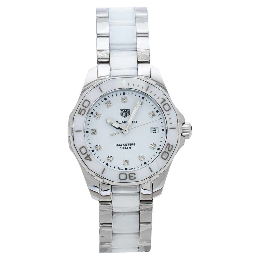 Pre Owned TAG Heuer White Ceramic Stainless Steel Aquaracer WAY131D.BA0914 Women's Wristwatch 35 mm
