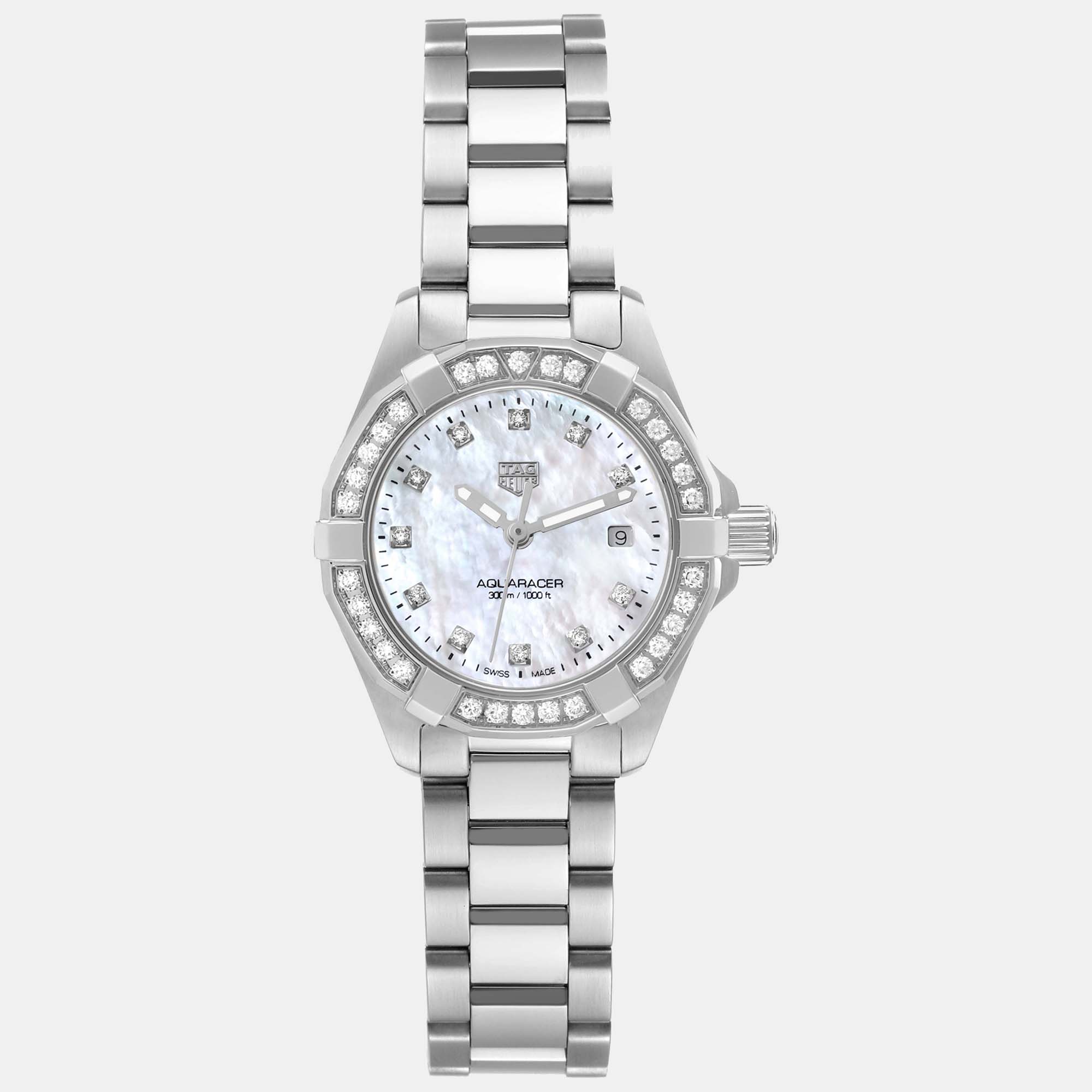 Pre-owned Tag Heuer Mother Of Pearl Stainless Steel Aquaracer Wbd1415 Quartz Women's Wristwatch 27 Mm In White
