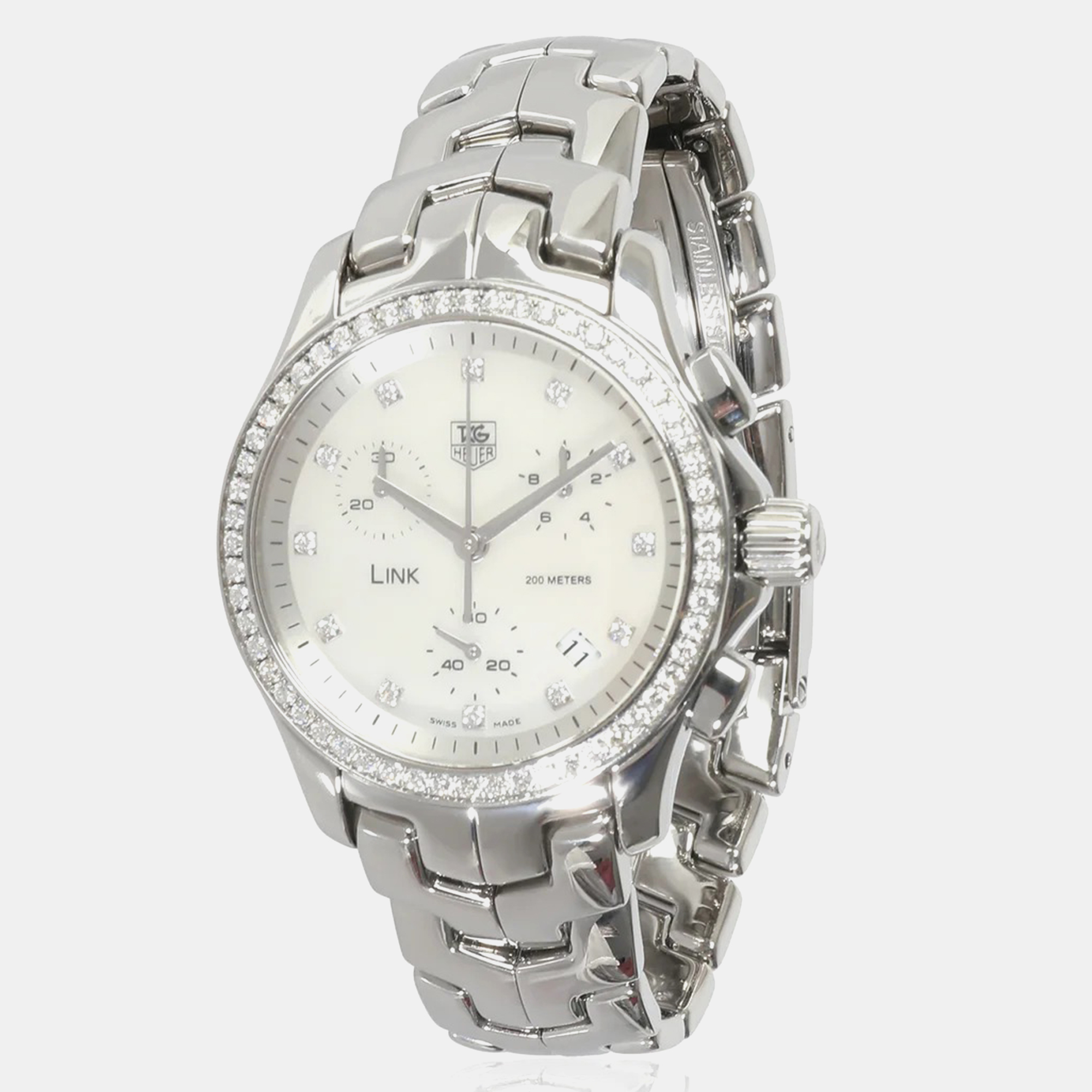 

Tag Heuer White Shell Diamond Stainless Steel Link CJF1314.BA0580 Quartz Women's Wristwatch 33 mm