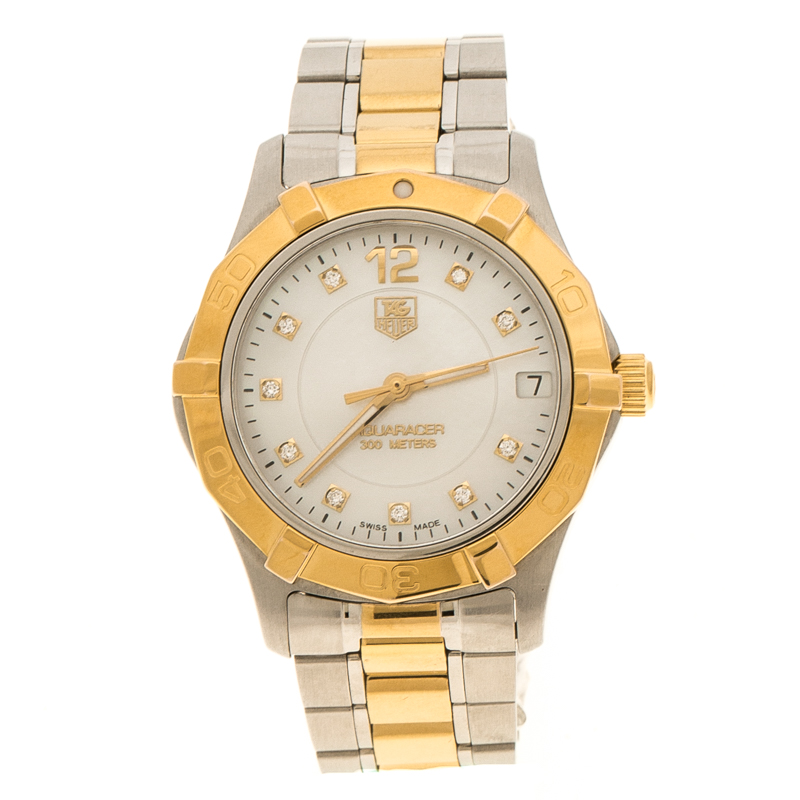 مملوكة مسبقًا ساعة يد نسائية تاغ تاغ هيوير اكواريسر ستانلس ستيل ومطلية ذهب أصفر عيار 18 صدف 34 مم