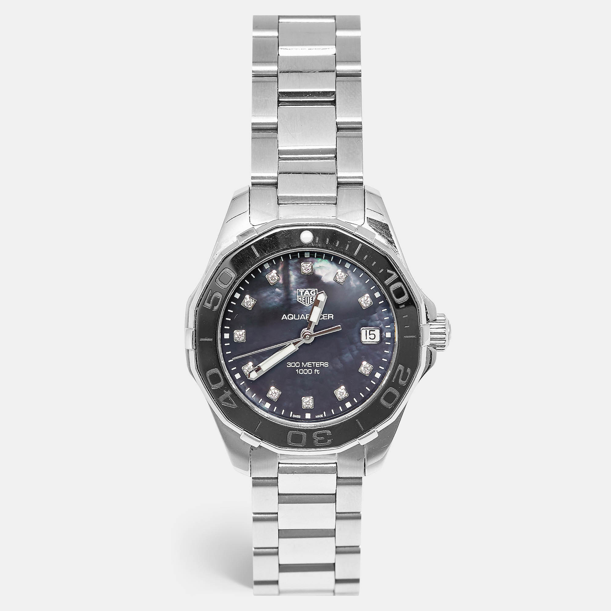 Pre-owned Tag Heuer Black Mother Of Pearl Diamond Stainless Steel Aquaracer Way131m Women's Wristwatch 35 Mm