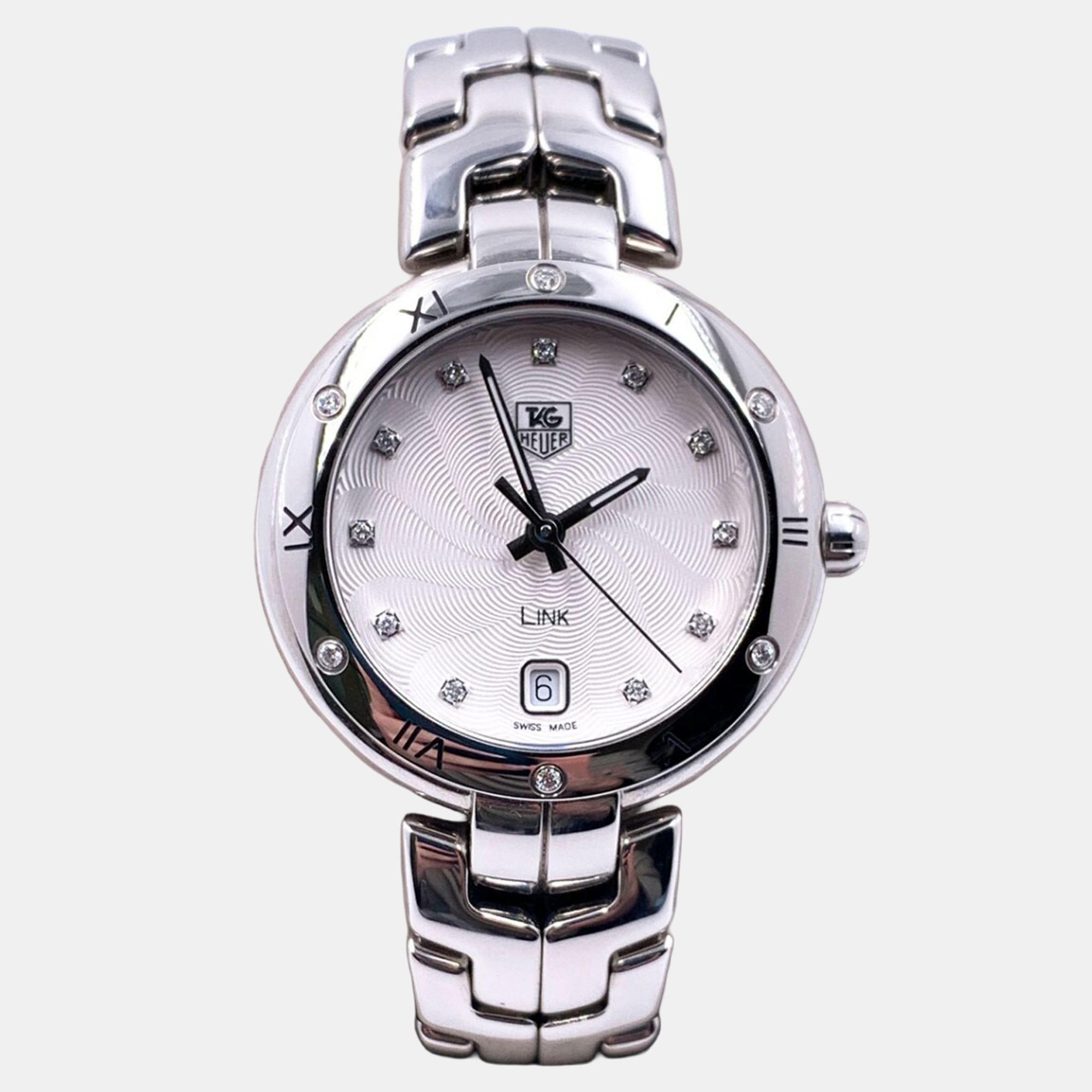 Pre-owned Tag Heuer Link Guilloche Wat1312.ba0956 Quartz Diamond Bezel Stainless Steel Women's Wristwatch 34.5 Mm In Silver