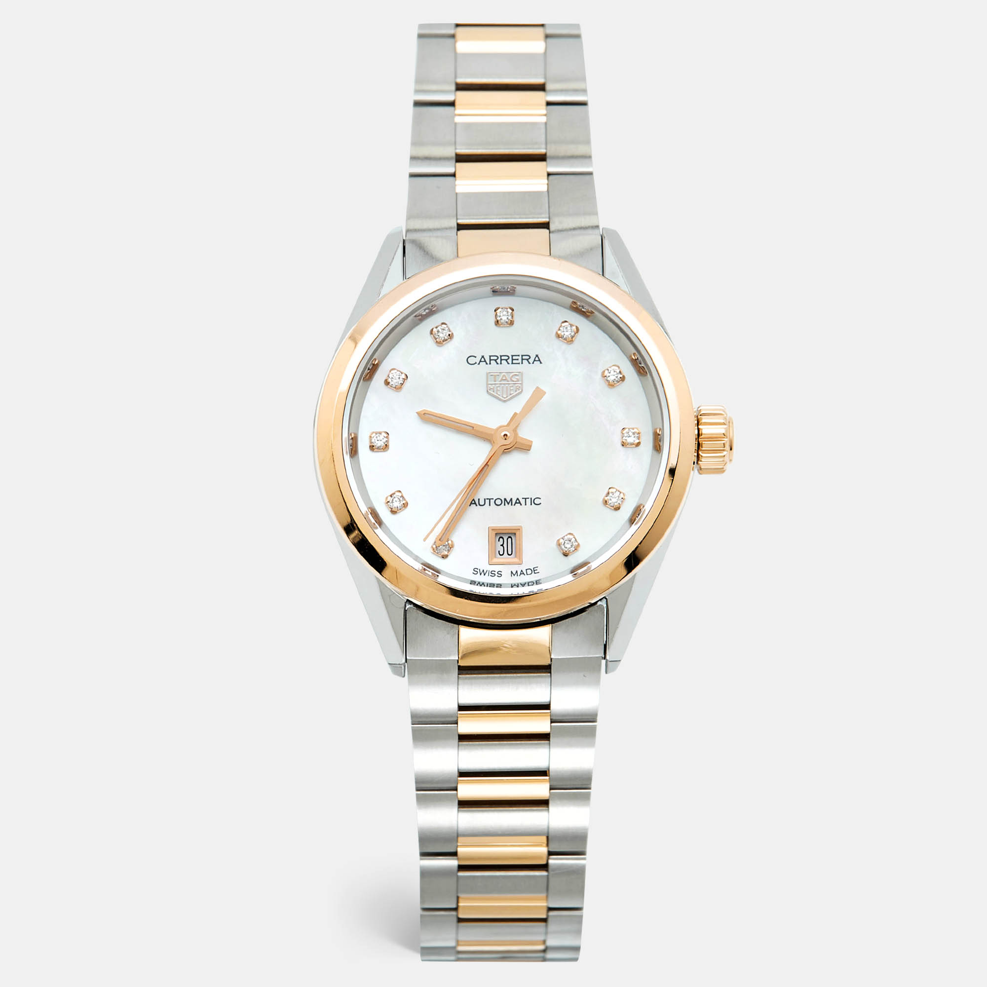 Pre-owned Tag Heuer Carrera Wbn2450.bd0569 Mother Of Pearl Diamond 18k Rose Gold Stainless Steel Women's Wrist In Silver