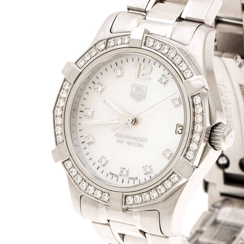 

Tag Heuer White Mother of Pearl Diamonds Aquaracer WAF1313 Women's Wristwatch, Silver