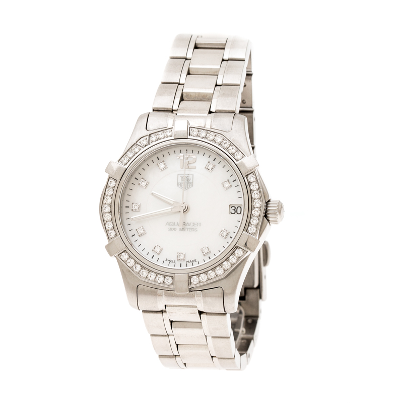 مملوكة مسبقًا Tag Heuer White Mother of Pearl Diamonds Aquaracer WAF1313 Women's Wristwatch 33 mm