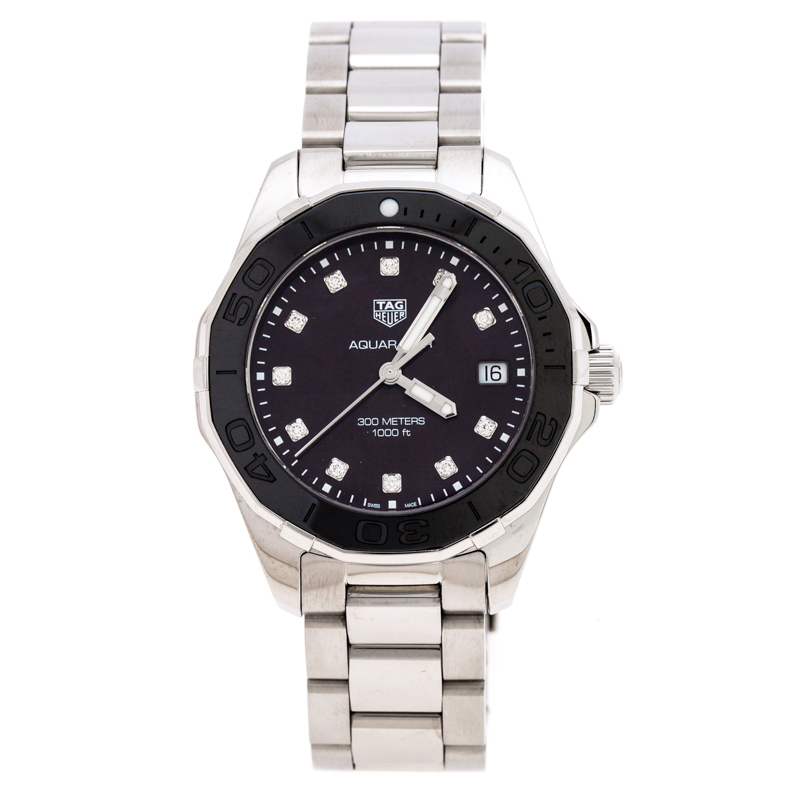 Pre Owned Tag Heuer Black Mother Of Pearl Ceramic Diamonds Aquaracer WAY131M Women's Wristwatch 35 mm