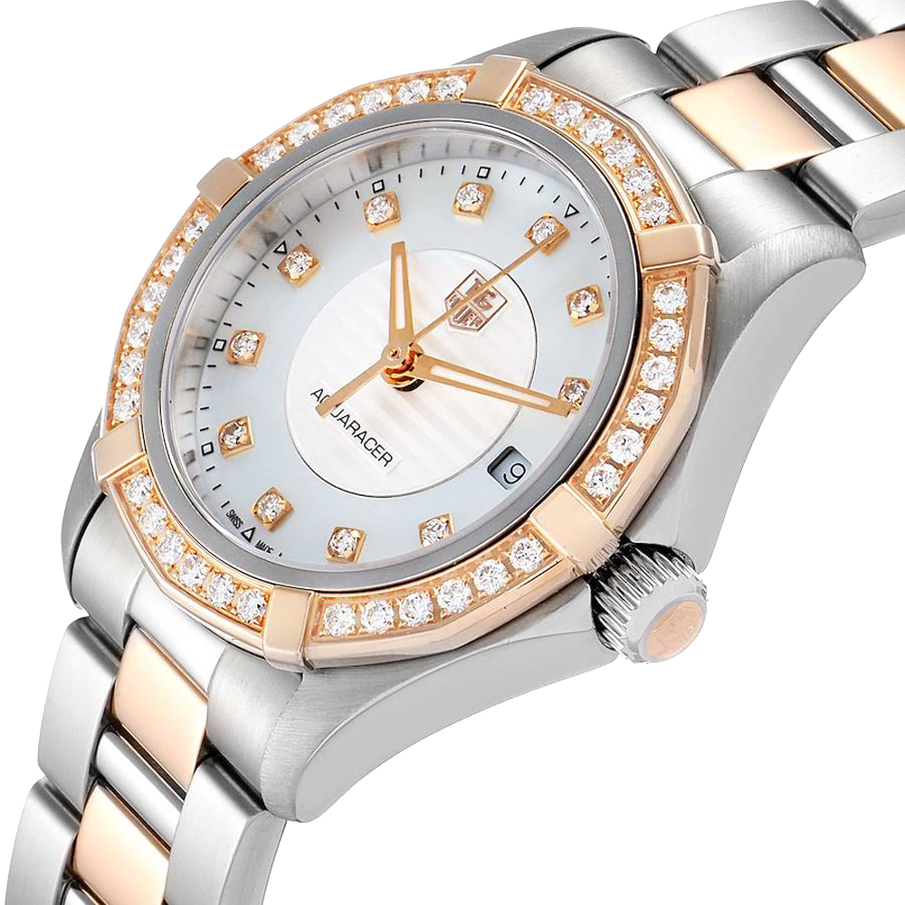 

Tag Heuer MOP Diamonds 18K Rose Gold And Stainless Steel Aquaracer WAP1452 Women's Wristwatch 27 MM, White