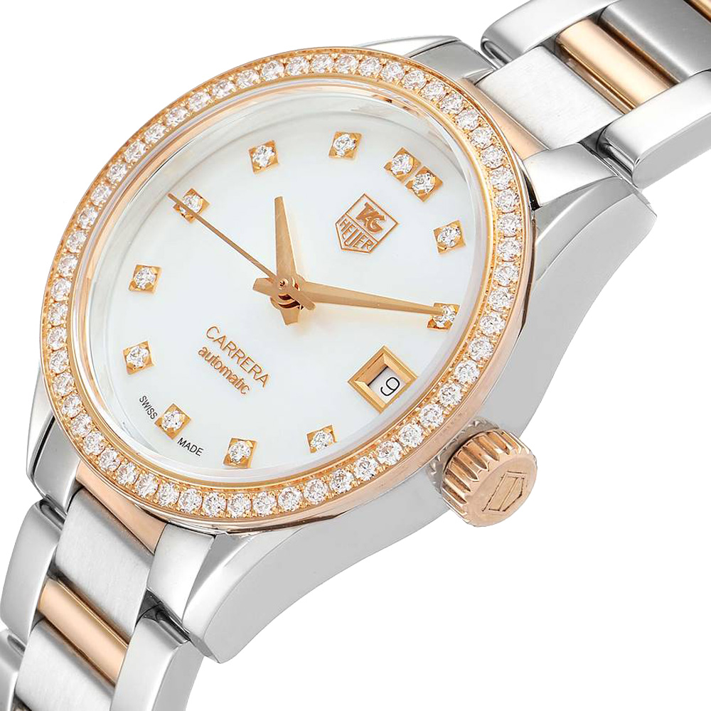 

Tag Heuer MOP Diamonds 18K Rose Gold And Stainless Steel Carrera WAR2453 Women's Wristwatch 28 MM, White