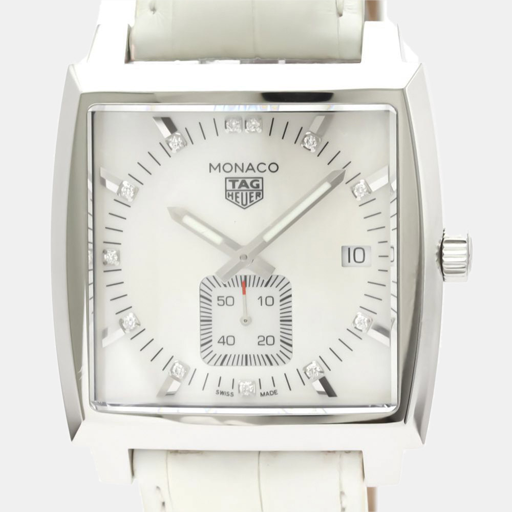 

Tag Heuer MOP Diamonds Stainless Steel Monaco Lady Quartz WAW131B Women's Wristwatch 37 MM, White