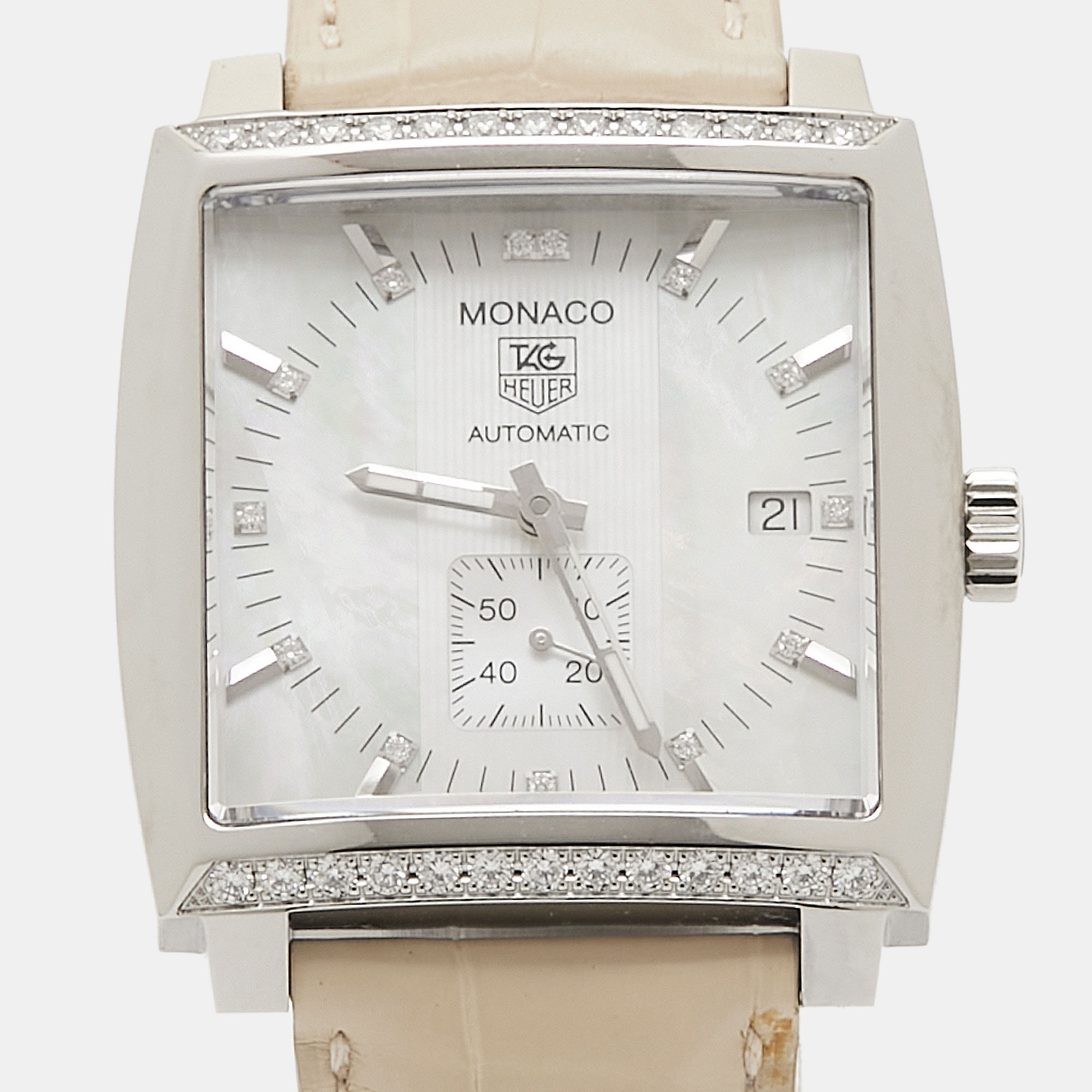 

Tag Heuer Mother Of Pearl Diamond Stainless Steel Leather Monaco WW2114.FC6215 Women's Wristwatch, Cream