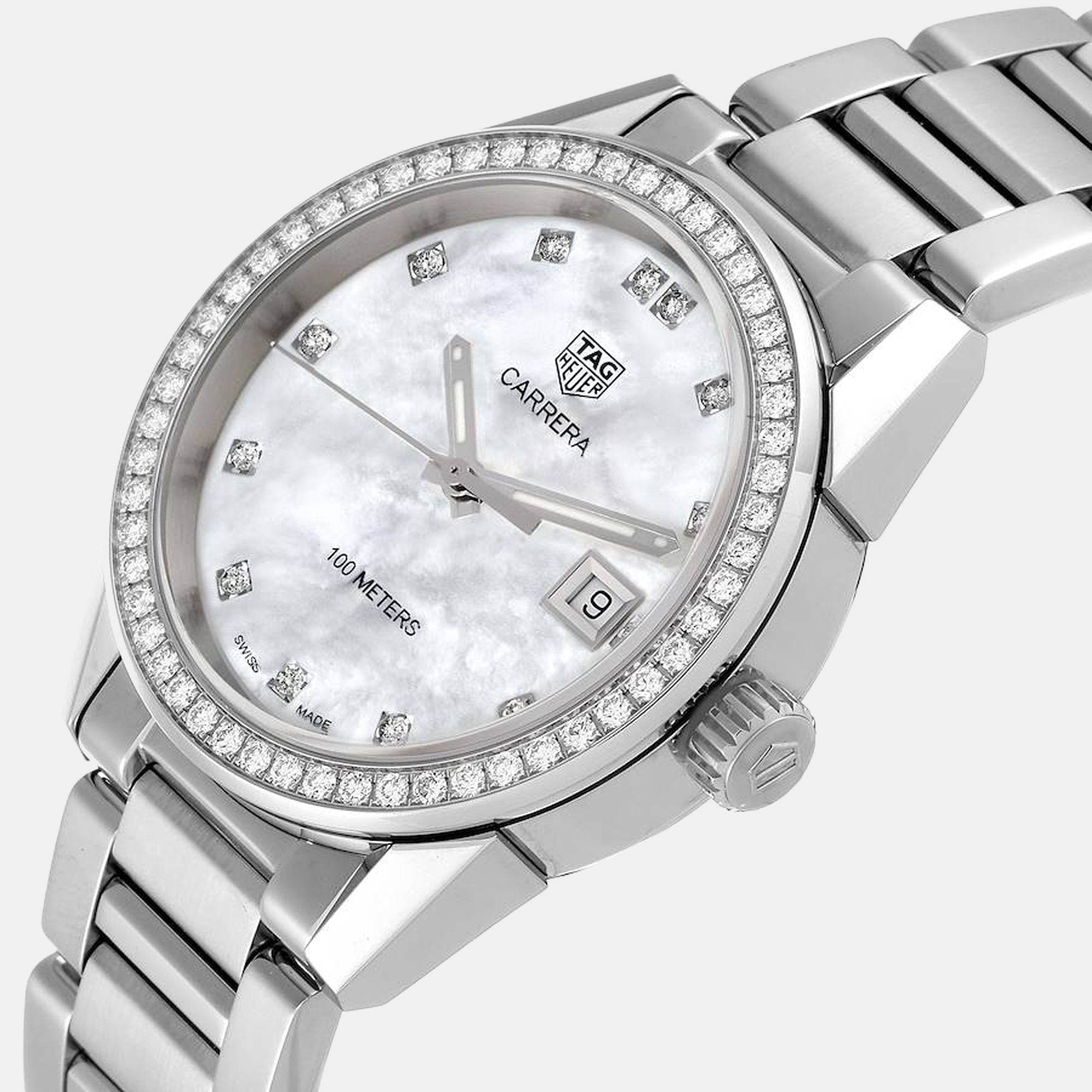 

Tag Heuer MOP Diamonds Stainless Steel Carrera WBG1315 Women's Wristwatch 36 mm, White