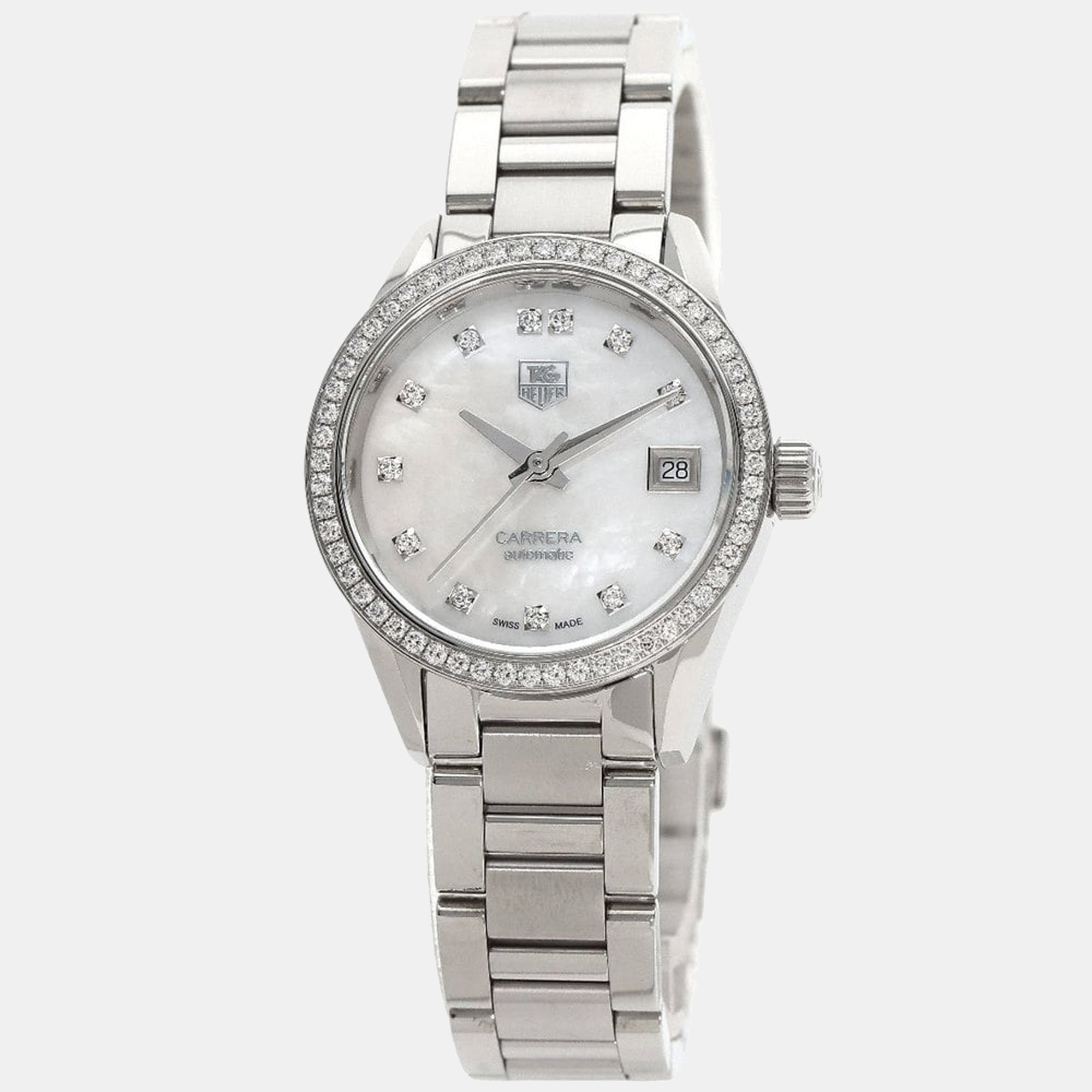 Pre-owned Tag Heuer Mop Diamonds Stainless Steel Carrera War2415.ba0776 Women's Wristwatch 28 Mm In White