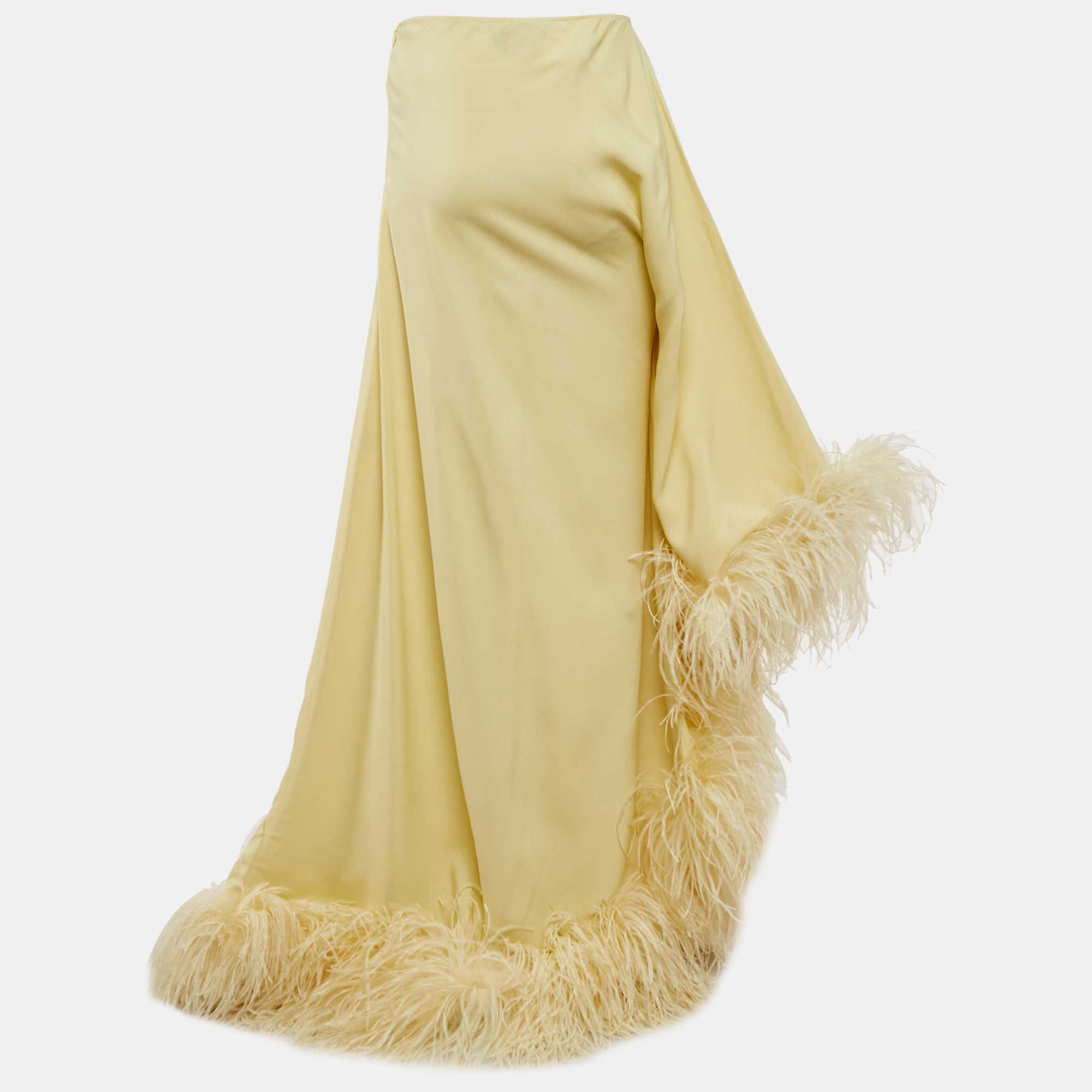 

Taller Marmo Pastel Yellow Crepe Feather Trimmed Asymmetric Maxi Dress S