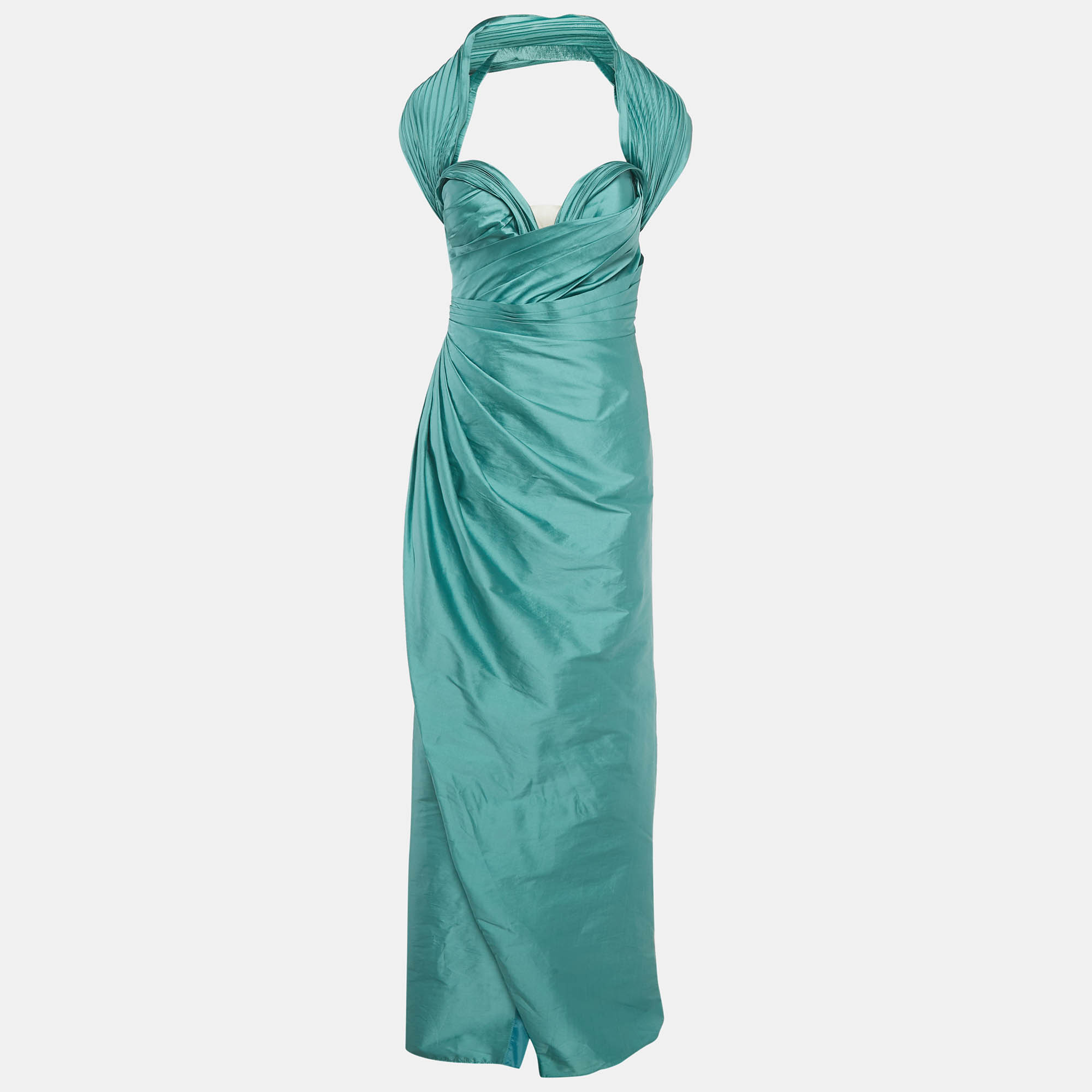 Pre-owned Tarik Ediz Mint Green Taffeta Off-shoulder Draped Maxi Dress L