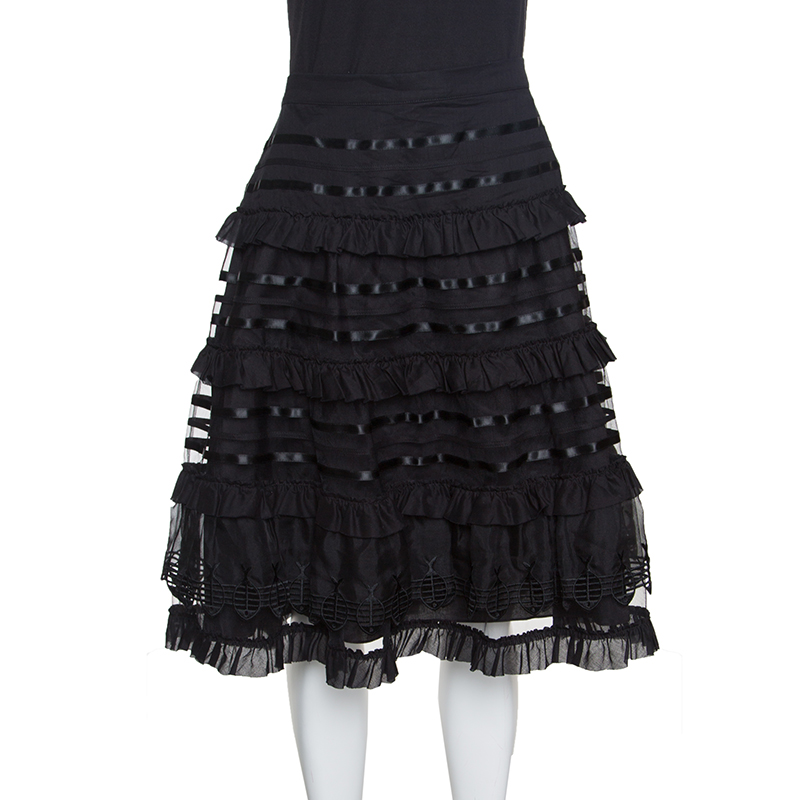 Pre Owned Temperley London Black Tiered Ruffle Detail Sea Skirt L