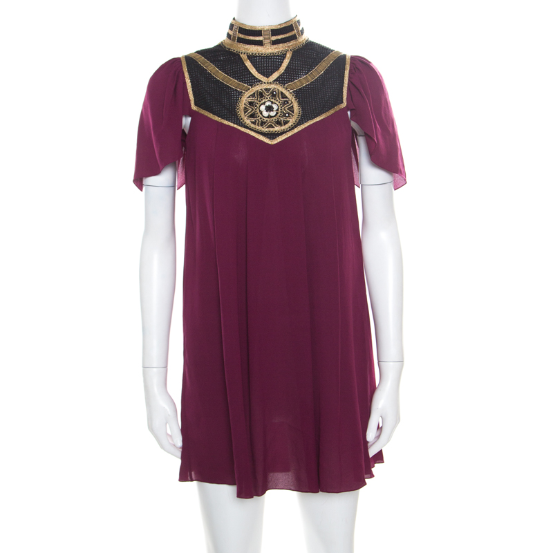Pre Owned Temperley Bordeaux Silk Crepe Embellished Alexandria Tunic S