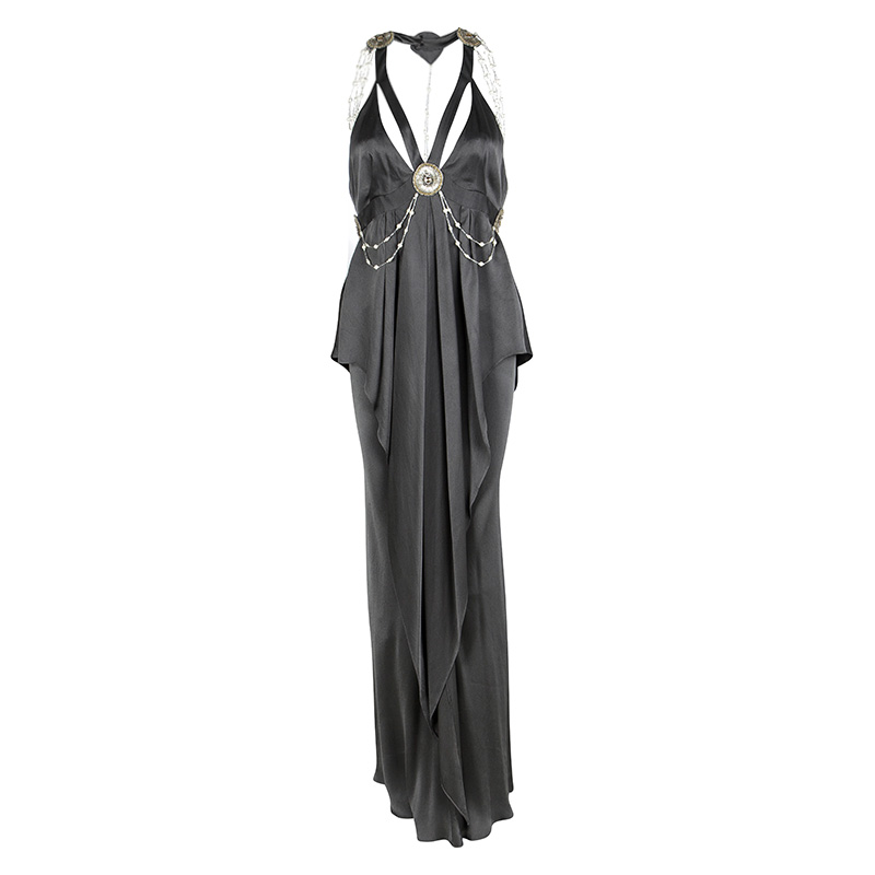 Temperley London Charcoal Grey Silk Embellished Backless Layered Gown M ...