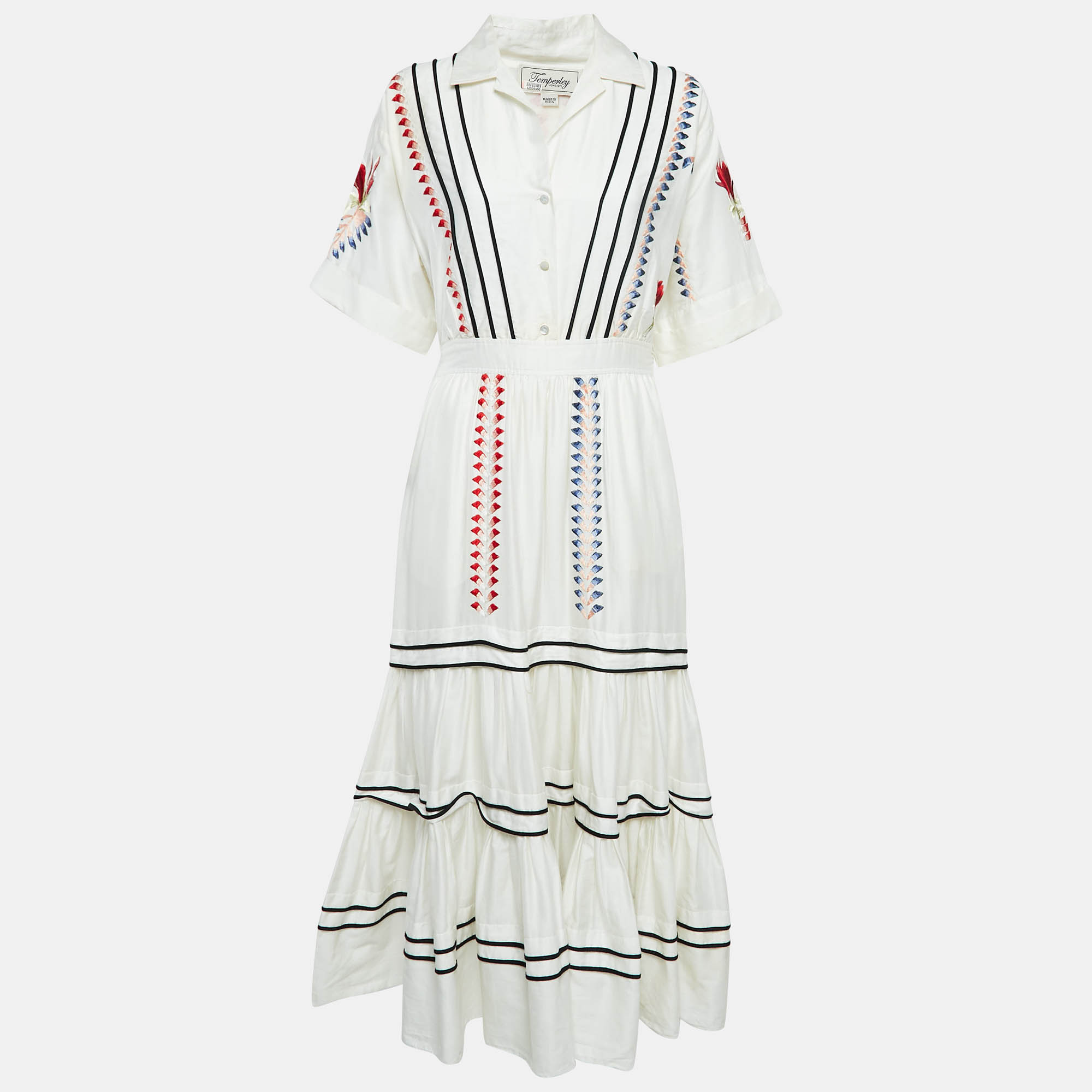 

Temperley White Embroidered Cotton Tiered Midi Dress S