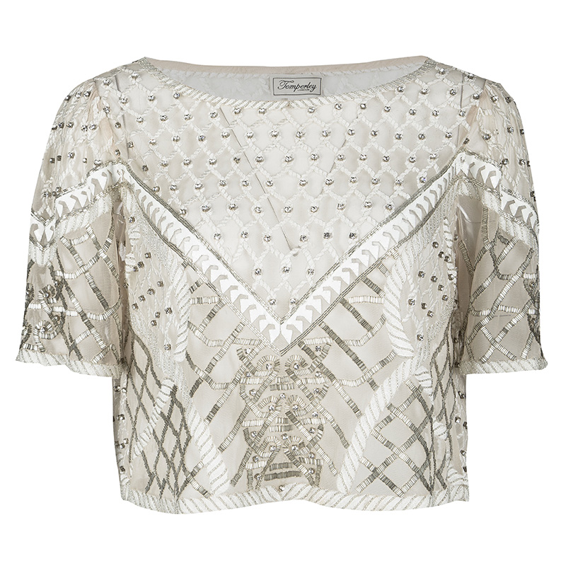 Pre Owned Temperley London Beige Embroidered Embellished Short Sleeve Tulle Top L