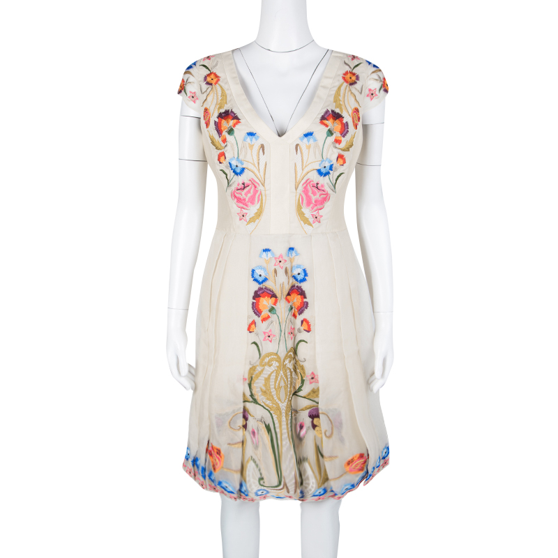 

Temperley London Beige Toledo Embroidered V- Neck Silk Pleated Dress