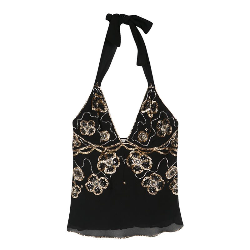 Pre Owned Temperley London Black Silk Embellished Halter Top S