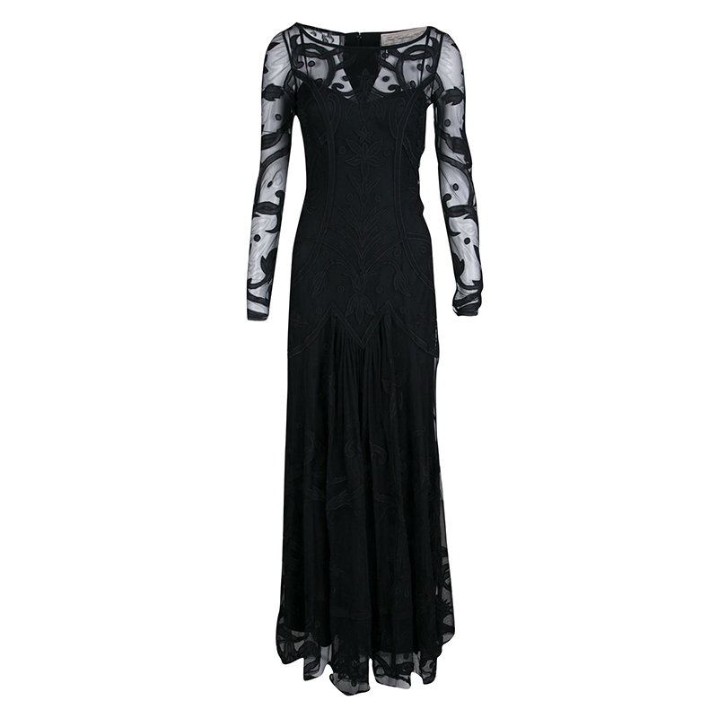 Temperley London Black Embroidered Tulle Long Sleeve Francine Gown M
