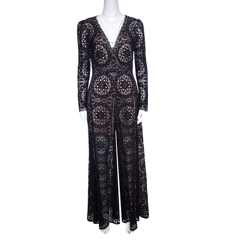 Temperley Black Cutout Floral Lace Nomi Cropped Palazzo Jumpsuit M