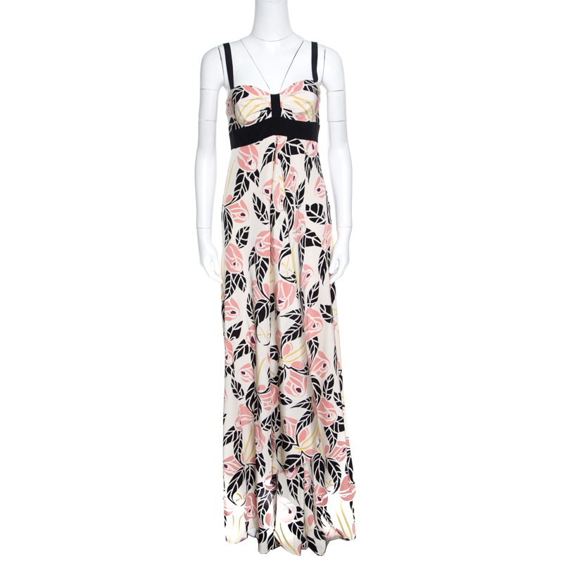 Temperley Beige Rose Printed Silk Contrast Trim Waterfall Gown M