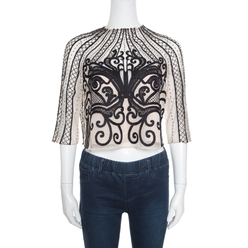 Temperley London Beige Embellished Embroidered Tulle Crivelli Top S ...